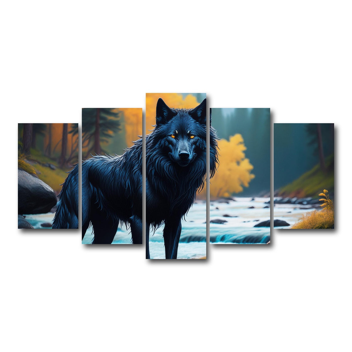 AUTO-MOCKUP WHITE | Black Wolf by the river | 5 Piece | Gallery Wrap Canvas | group=5_normal