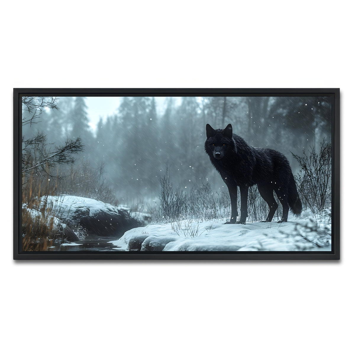 AUTO-MOCKUP WHITE | Black Wolf in Snowy Forest | 1 Piece | Black Framed Canvas | group=2x1