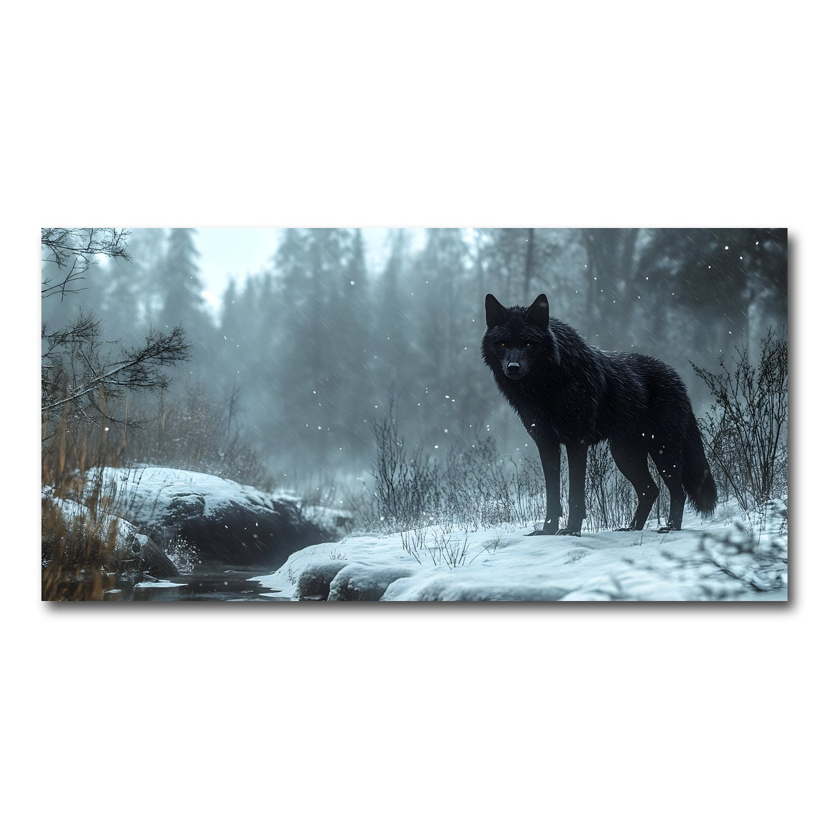 AUTO-MOCKUP WHITE | Black Wolf in Snowy Forest | 1 Piece | Gallery Wrap Canvas | group=2x1