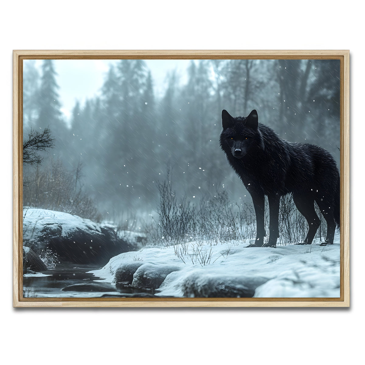AUTO-MOCKUP WHITE | Black Wolf in Snowy Forest | 1 Piece | Natural Framed Canvas | group=4x3