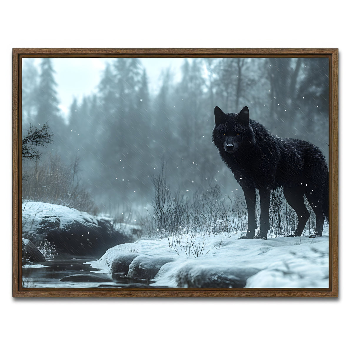 AUTO-MOCKUP WHITE | Black Wolf in Snowy Forest | 1 Piece | Walnut Framed Canvas | group=4x3