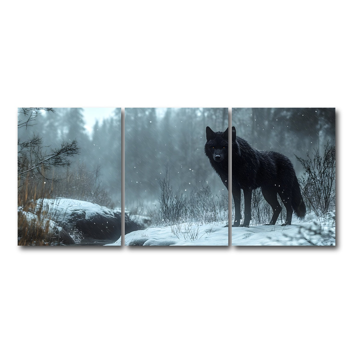 AUTO-MOCKUP WHITE | Black Wolf in Snowy Forest | 3 Piece | Gallery Wrap Canvas | group=18x24