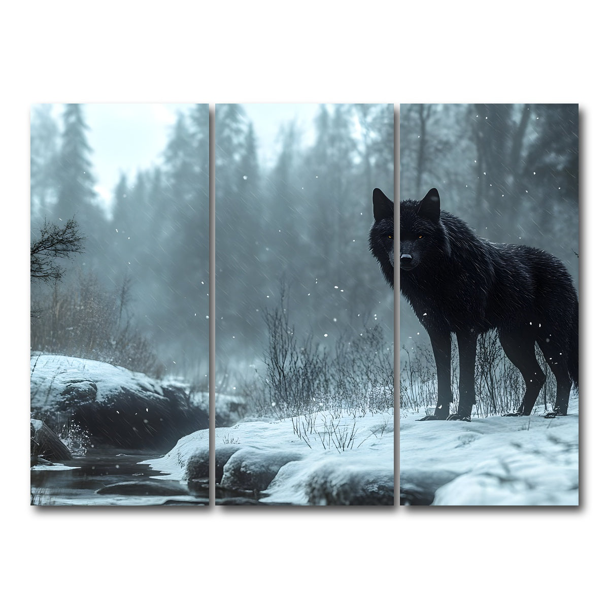 AUTO-MOCKUP WHITE | Black Wolf in Snowy Forest | 3 Piece | Gallery Wrap Canvas | group=8x18