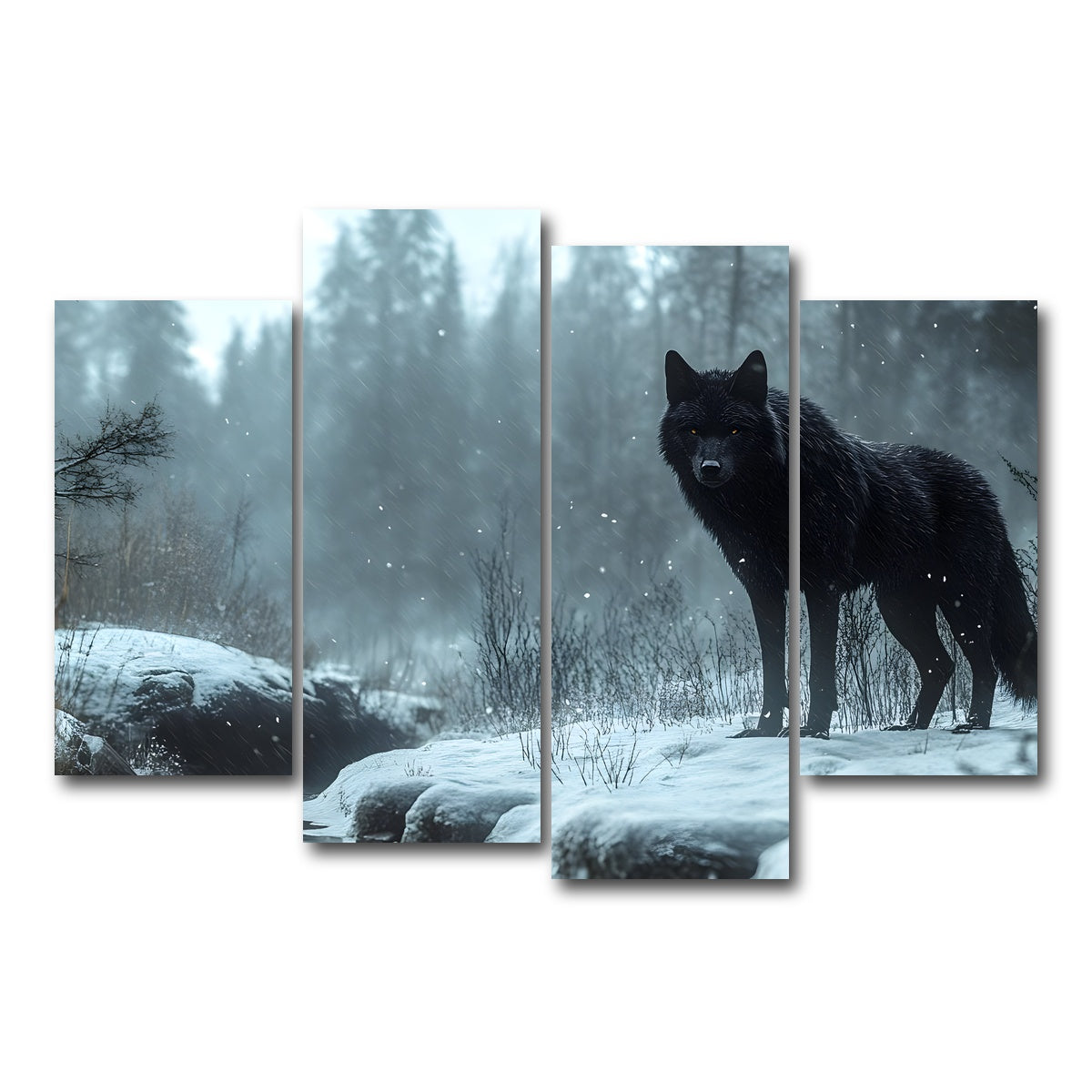 AUTO-MOCKUP WHITE | Black Wolf in Snowy Forest | 4 Piece | Gallery Wrap Canvas | group=4_short