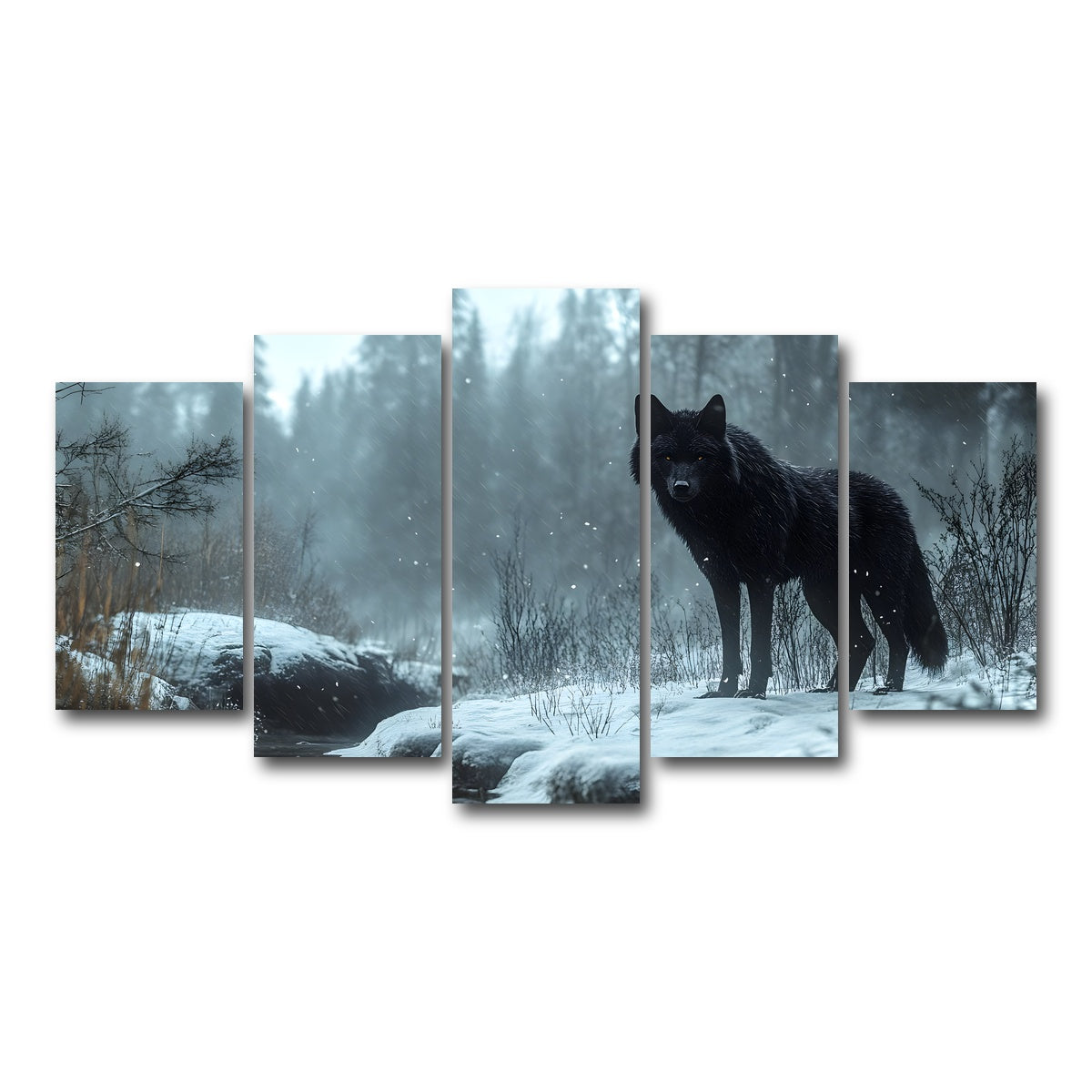 AUTO-MOCKUP WHITE | Black Wolf in Snowy Forest | 5 Piece | Gallery Wrap Canvas | group=5_normal