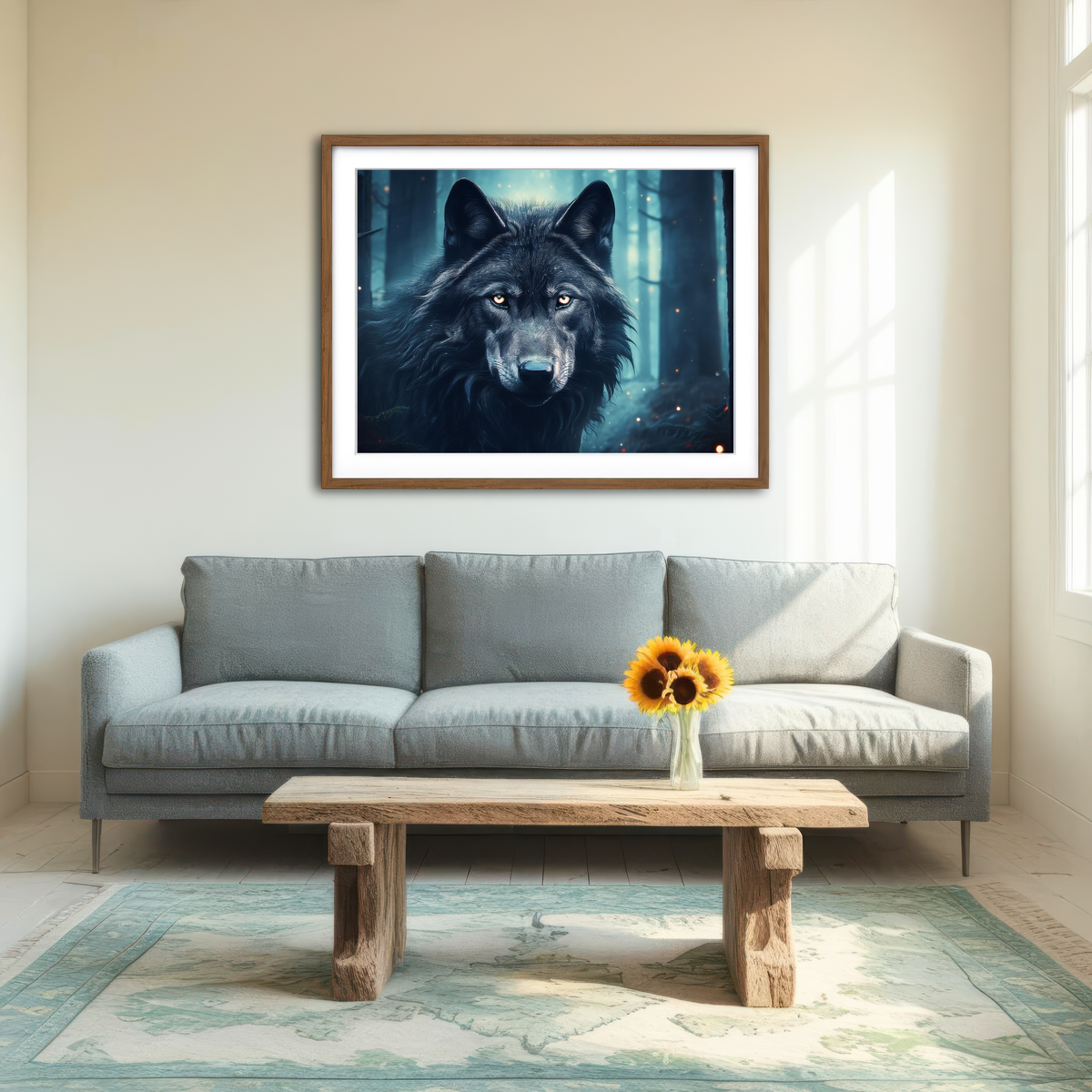 AUTO-MOCKUP ROOM | Black Wolf in Woods Wall Art