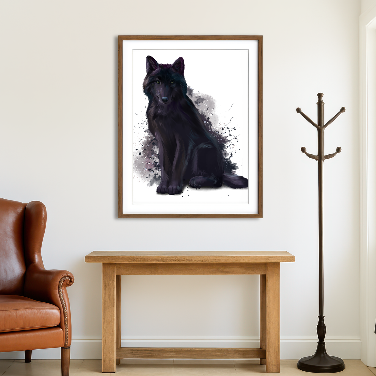 AUTO-MOCKUP ROOM | Black Wolf Watercolor Wall Art