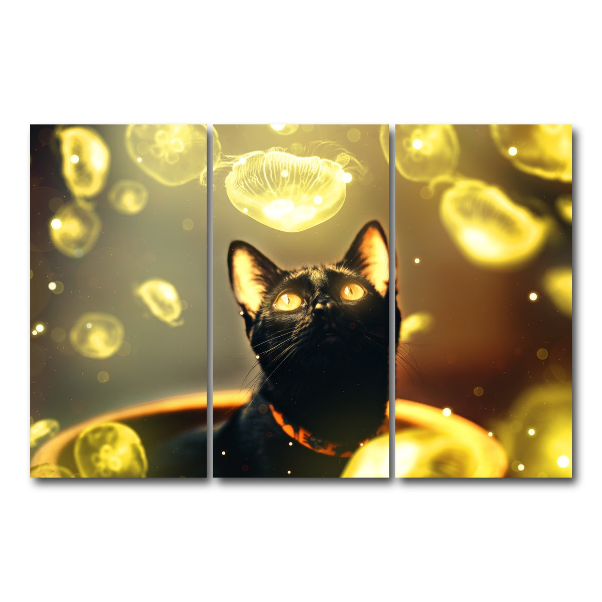 AUTO-MOCKUP WHITE | Black cat with jellyfish | 3 Piece | Gallery Wrap Canvas | group=12x24