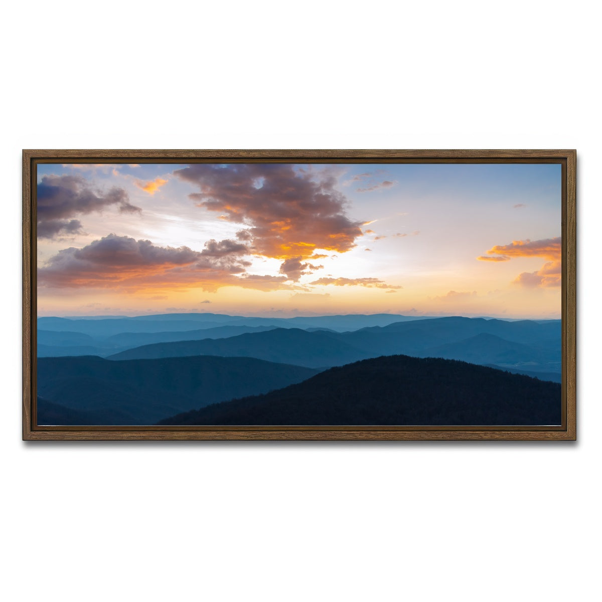 AUTO-MOCKUP WHITE | Blue Ridge Sunset | 1 Piece | Walnut Framed Canvas | group=2x1