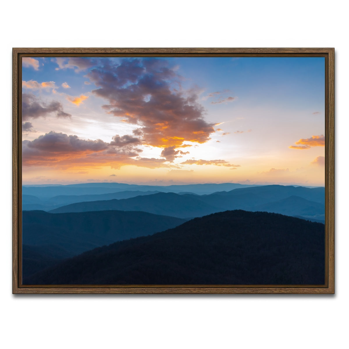 AUTO-MOCKUP WHITE | Blue Ridge Sunset | 1 Piece | Walnut Framed Canvas | group=4x3