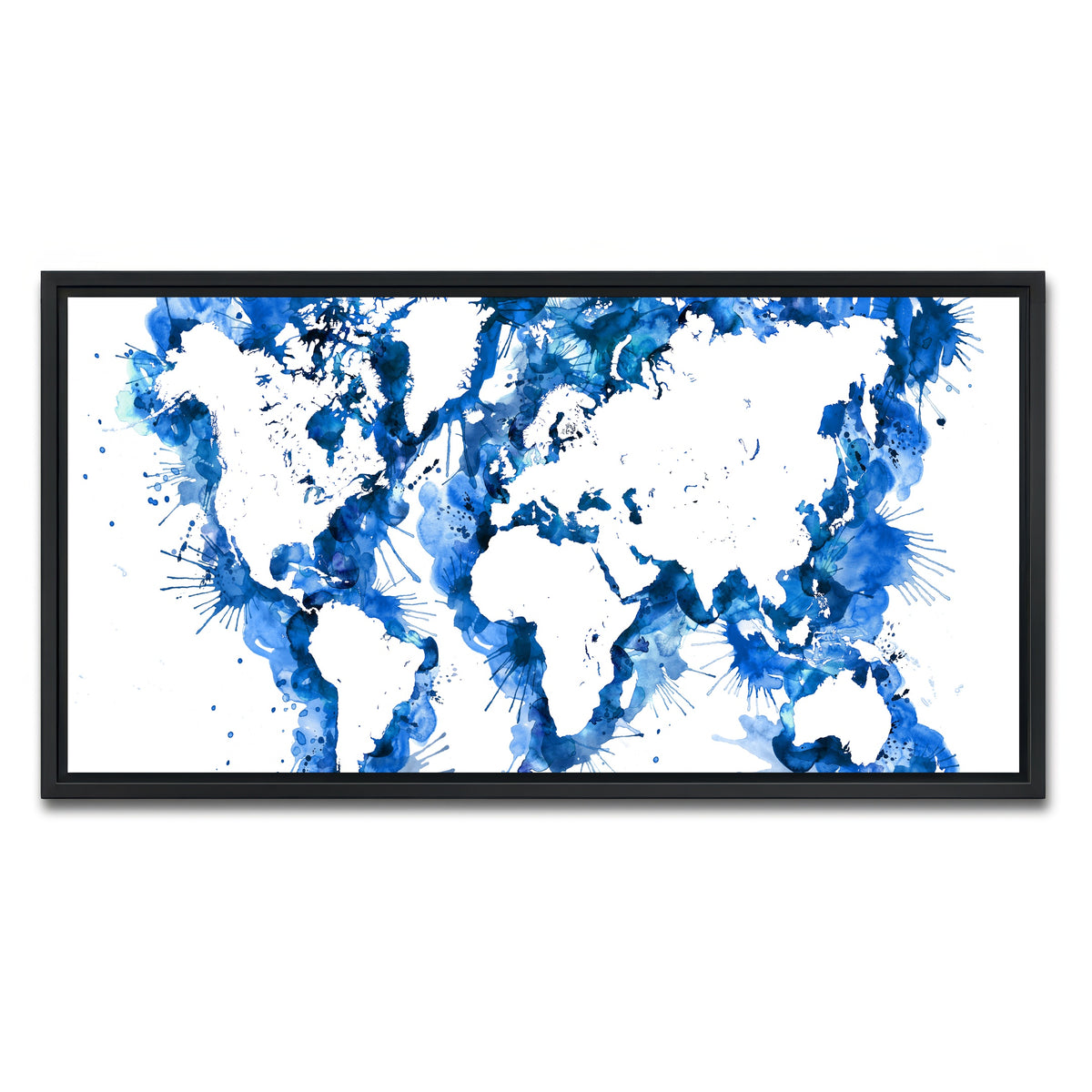 AUTO-MOCKUP WHITE | Blue Splatter World Map | 1 Piece | Black Framed Canvas | group=2x1