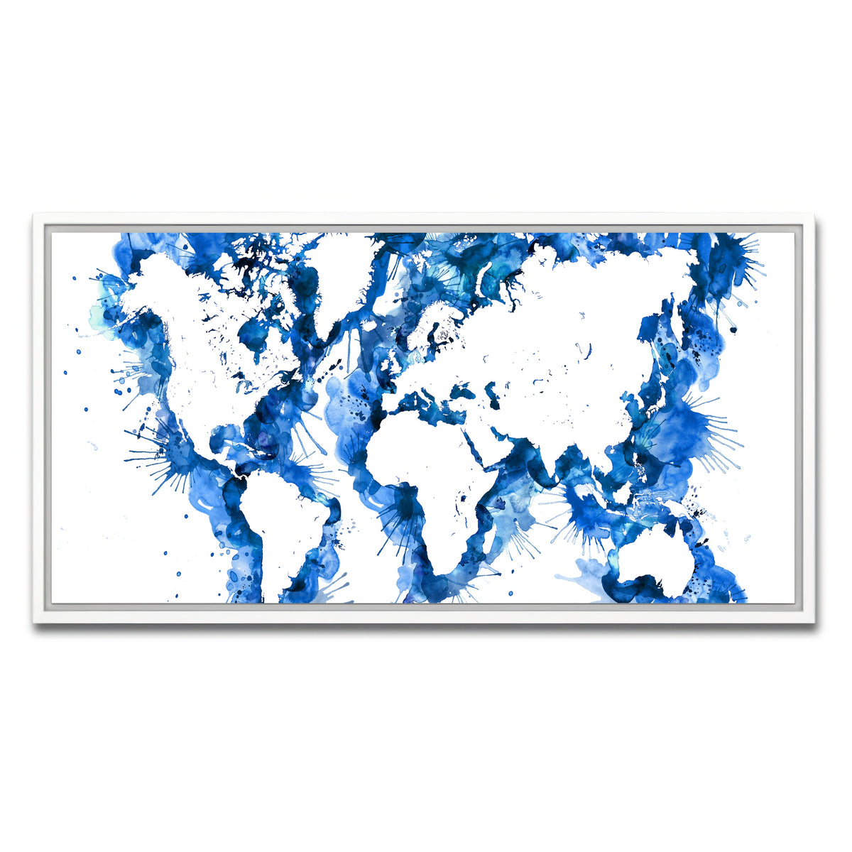 AUTO-MOCKUP WHITE | Blue Splatter World Map | 1 Piece | White Framed Canvas | group=2x1