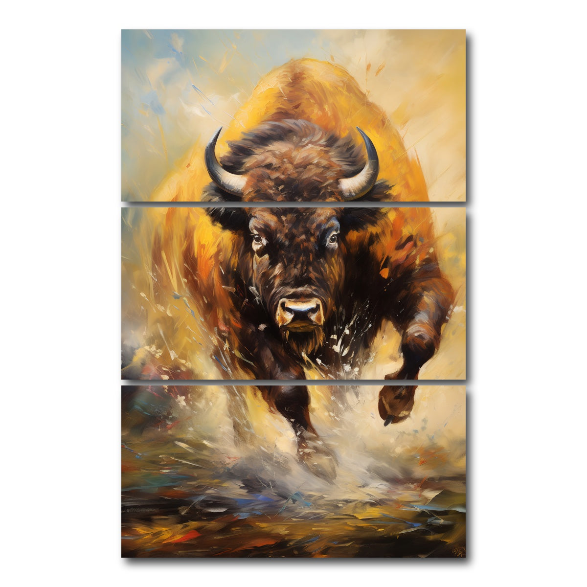 AUTO-MOCKUP WHITE | Buffalo Charging | 3 Piece | Gallery Wrap Canvas | group=12x24_stacked