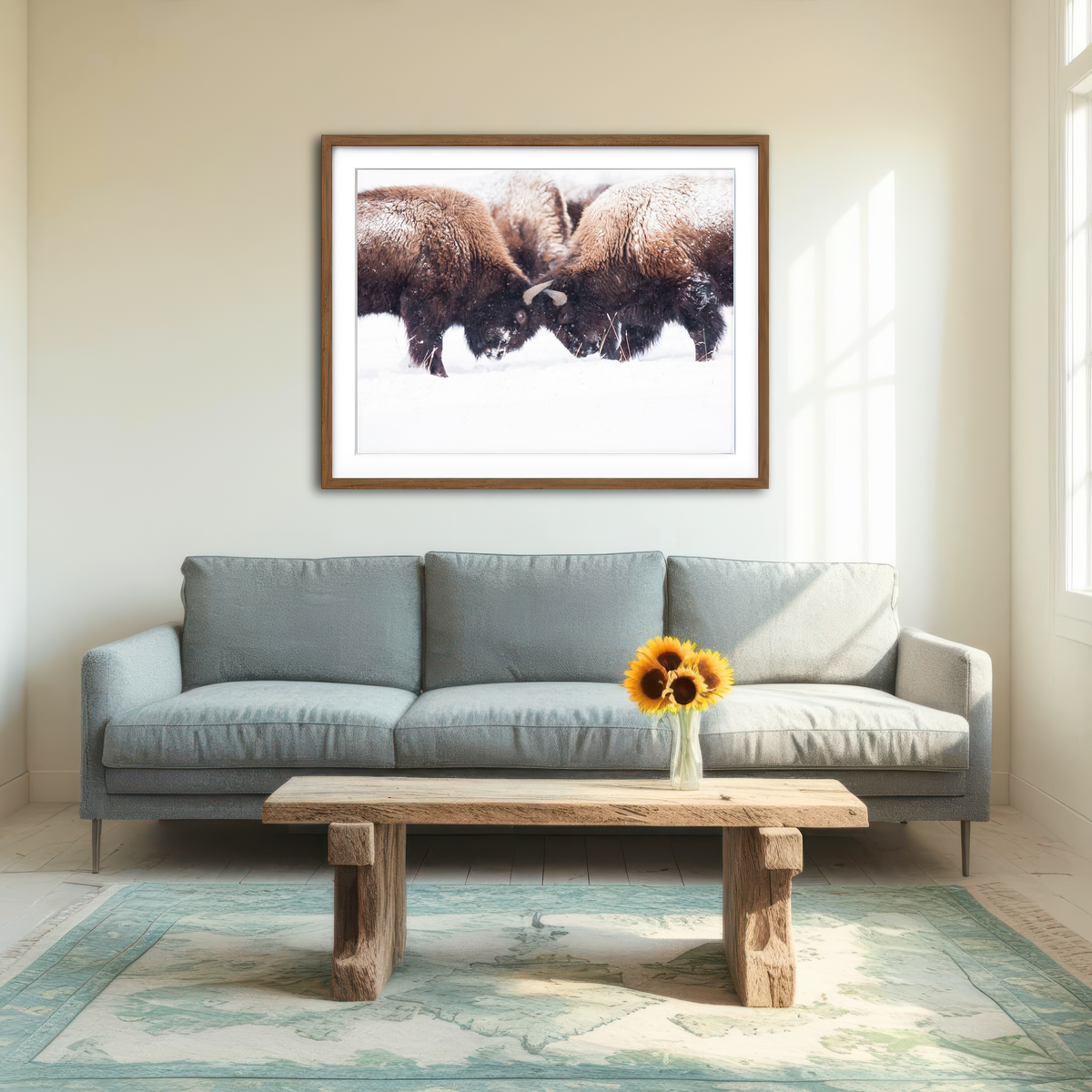 AUTO-MOCKUP ROOM | Buffalo Fighting in Yellowstone Wall Art