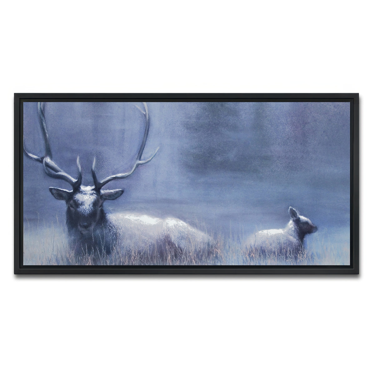 AUTO-MOCKUP WHITE | Bull Elk & Calf Blue | 1 Piece | Black Framed Canvas | group=2x1