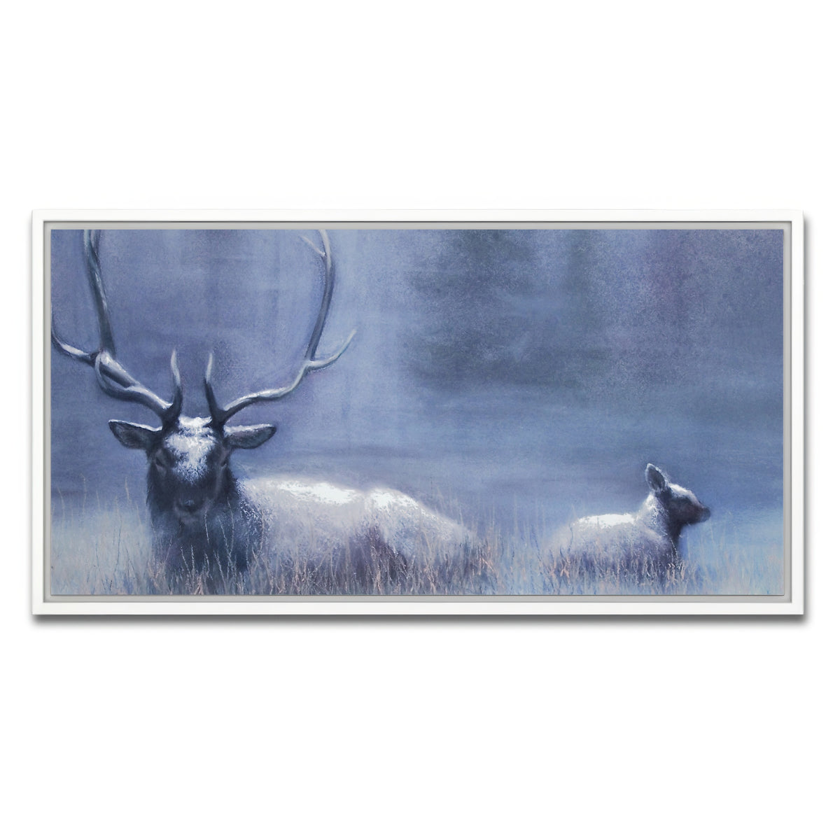 AUTO-MOCKUP WHITE | Bull Elk & Calf Blue | 1 Piece | White Framed Canvas | group=2x1