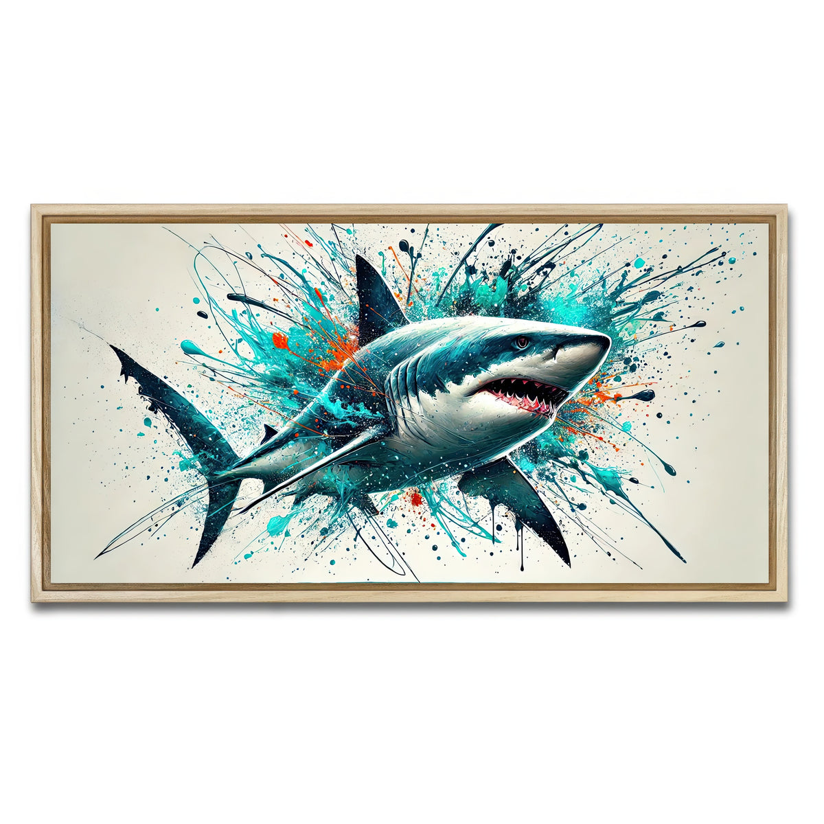 AUTO-MOCKUP WHITE | Bull Shark Color Spatter | 1 Piece | Natural Framed Canvas | group=2x1