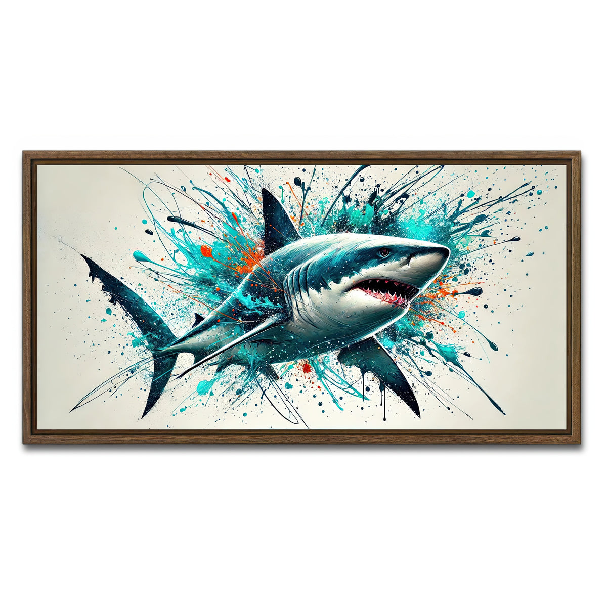 AUTO-MOCKUP WHITE | Bull Shark Color Spatter | 1 Piece | Walnut Framed Canvas | group=2x1