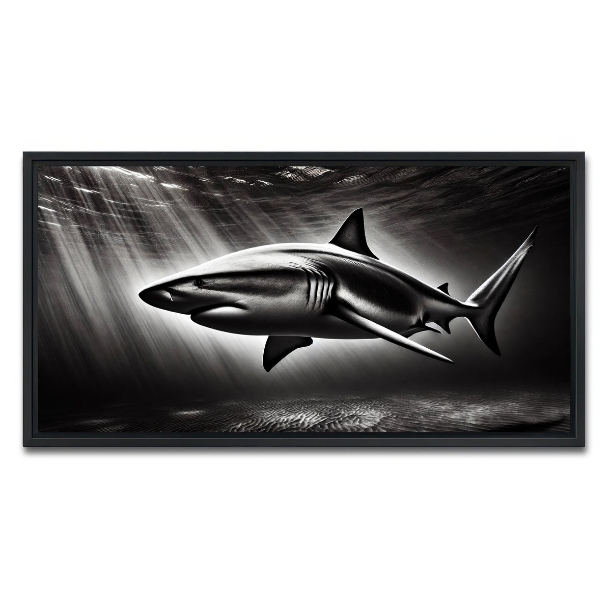 AUTO-MOCKUP WHITE | Bull Shark Grayscale | 1 Piece | Black Framed Canvas | group=2x1
