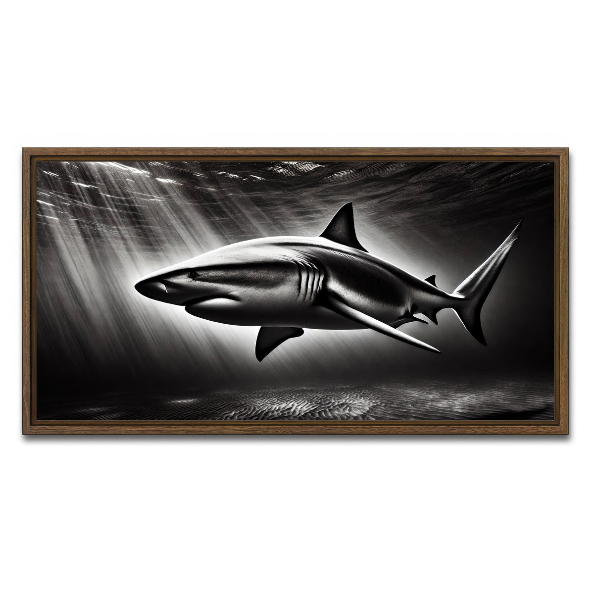 AUTO-MOCKUP WHITE | Bull Shark Grayscale | 1 Piece | Walnut Framed Canvas | group=2x1