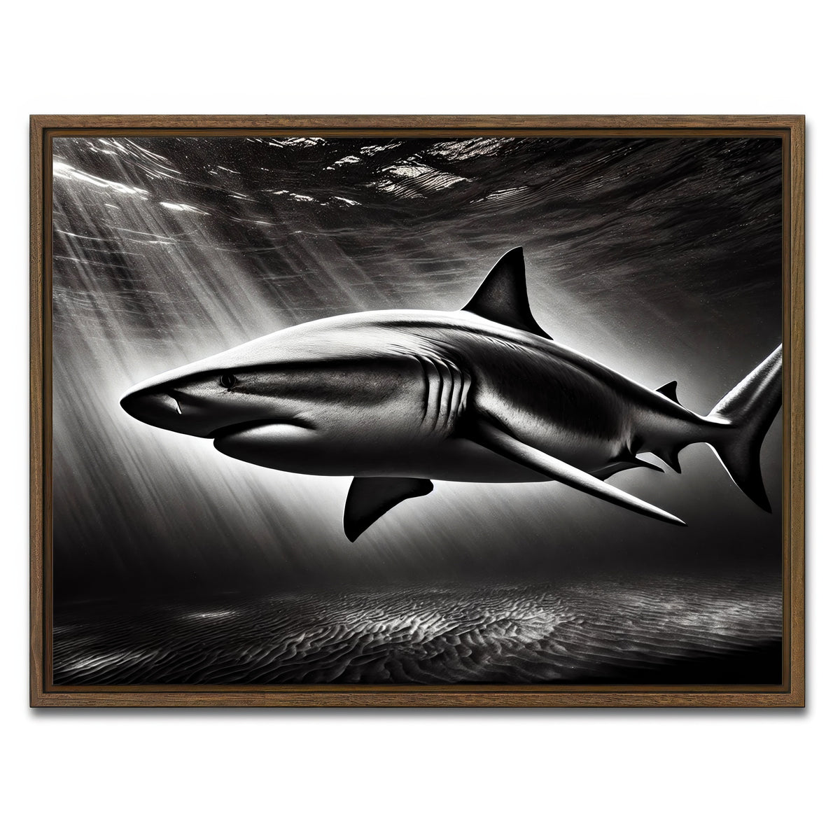 AUTO-MOCKUP WHITE | Bull Shark Grayscale | 1 Piece | Walnut Framed Canvas | group=4x3