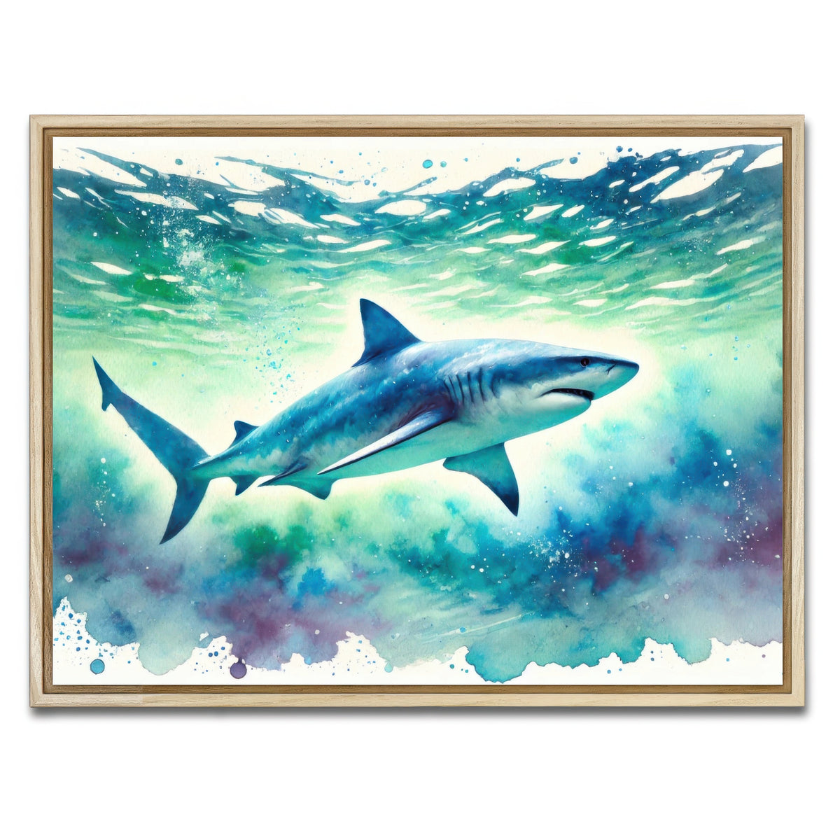 AUTO-MOCKUP WHITE | Bull Shark Watercolor | 1 Piece | Natural Framed Canvas | group=4x3