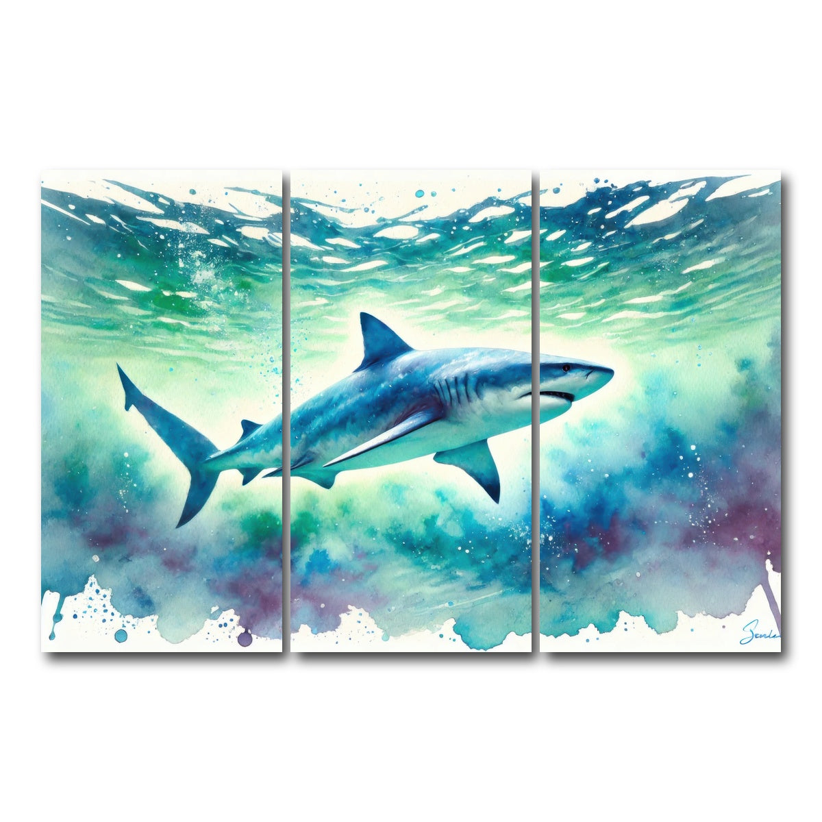 AUTO-MOCKUP WHITE | Bull Shark Watercolor | 3 Piece | Gallery Wrap Canvas | group=12x24