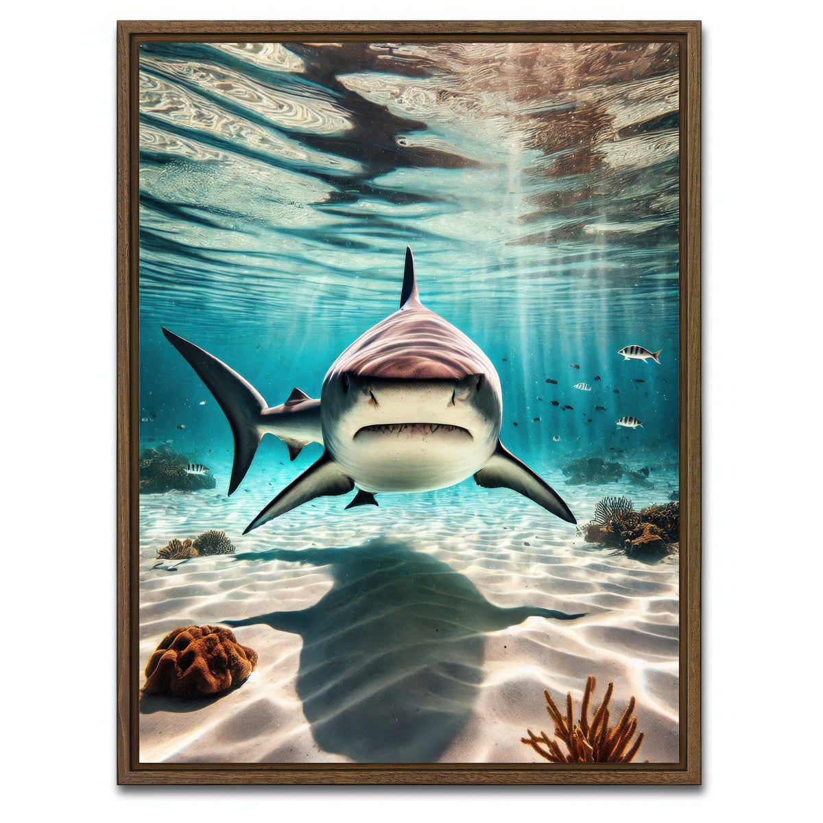 AUTO-MOCKUP WHITE | Bull Shark in Shallow Waters | 1 Piece | Walnut Framed Canvas | group=3x4