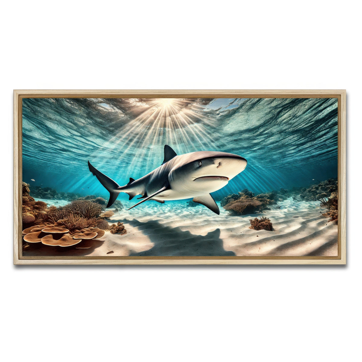 AUTO-MOCKUP WHITE | Bull shark in Tropical Waters | 1 Piece | Natural Framed Canvas | group=2x1