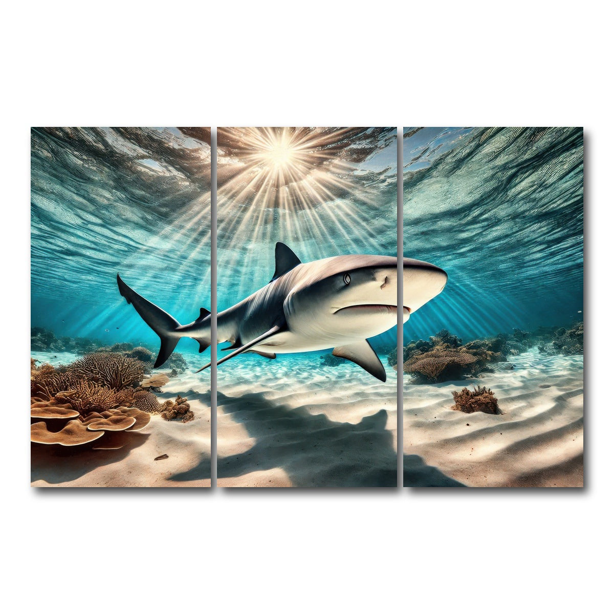 AUTO-MOCKUP WHITE | Bull shark in Tropical Waters | 3 Piece | Gallery Wrap Canvas | group=12x24