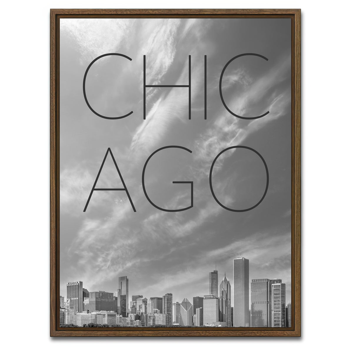 AUTO-MOCKUP WHITE | CHICAGO Skyline Text | 1 Piece | Walnut Framed Canvas | group=3x4