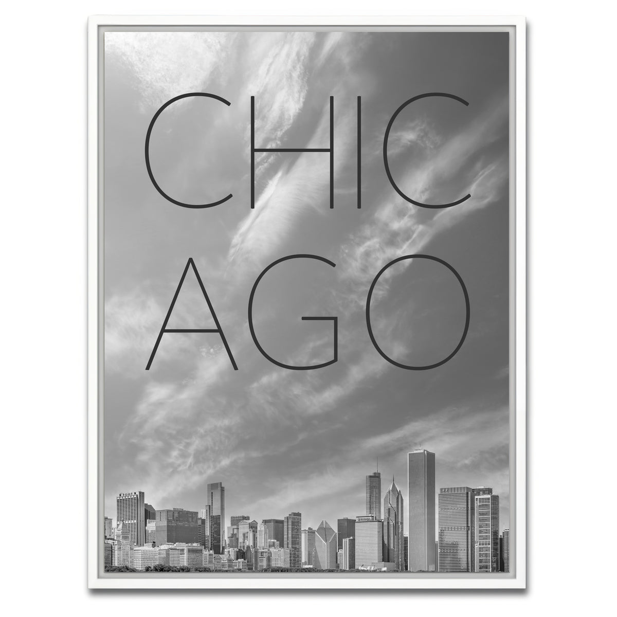 AUTO-MOCKUP WHITE | CHICAGO Skyline Text | 1 Piece | White Framed Canvas | group=3x4