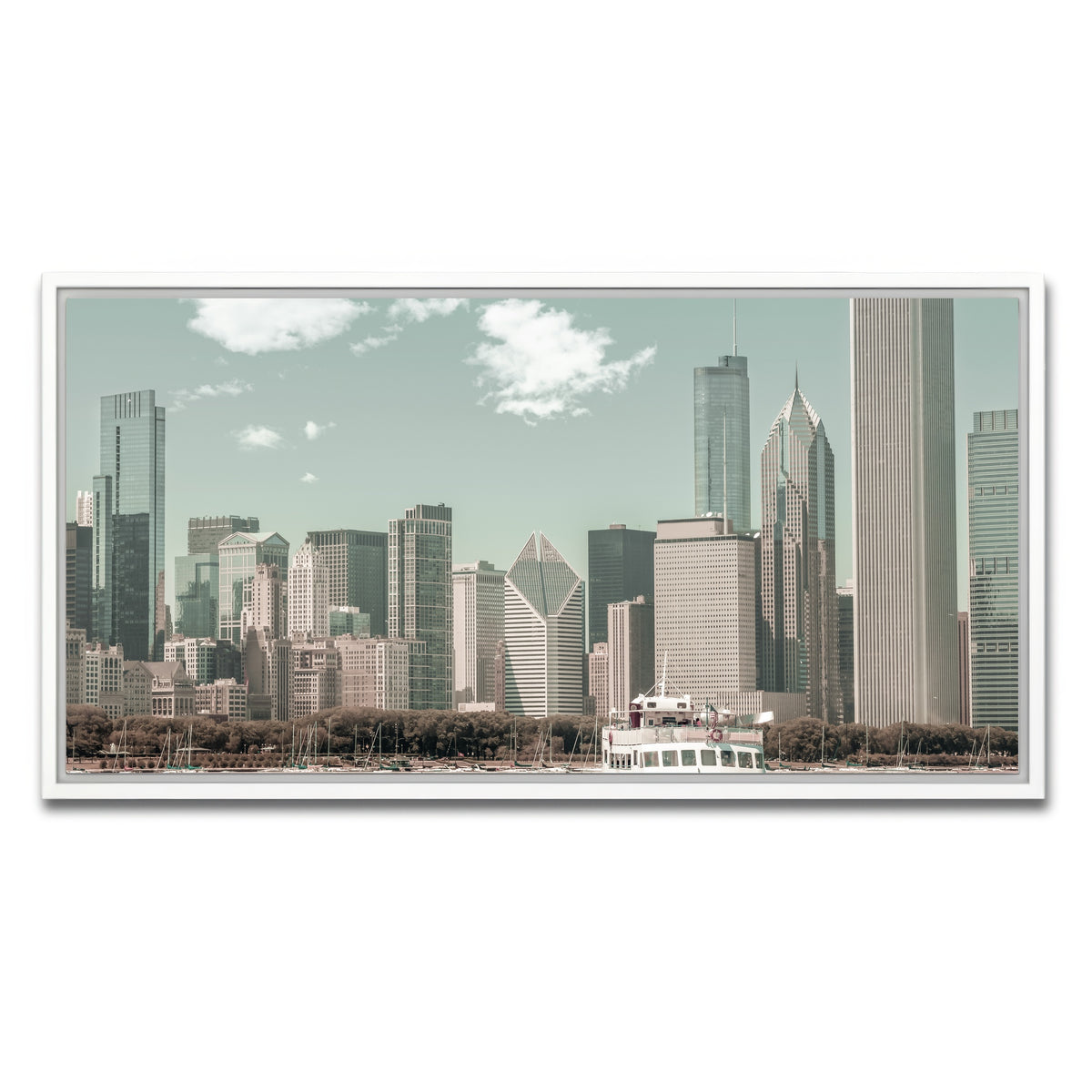 AUTO-MOCKUP WHITE | CHICAGO Skyline urban vintage style | 1 Piece | White Framed Canvas | group=2x1