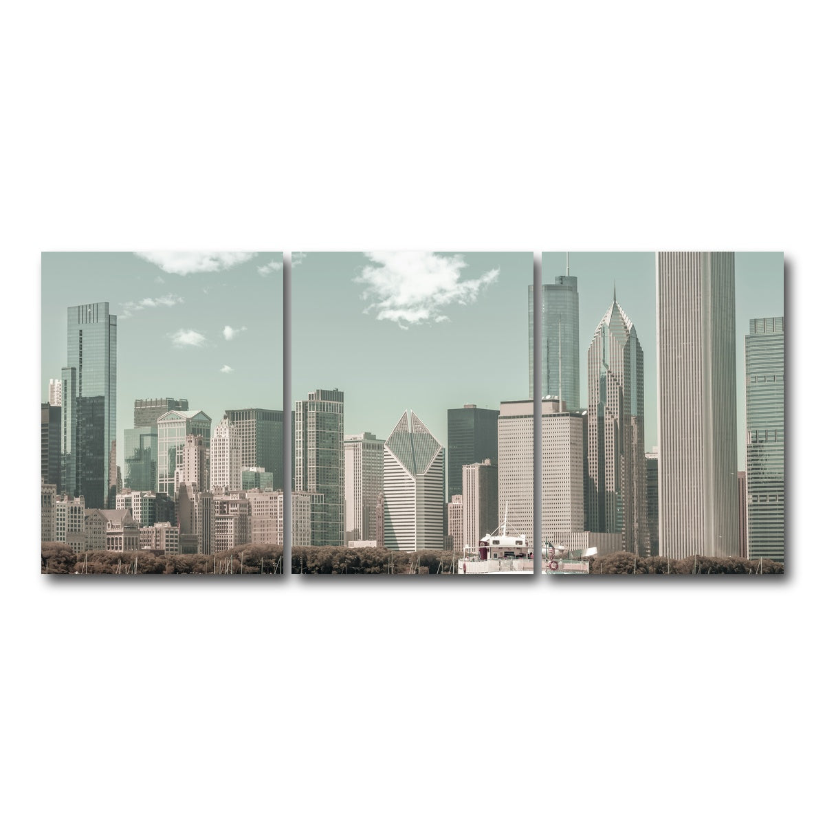 AUTO-MOCKUP WHITE | CHICAGO Skyline urban vintage style | 3 Piece | Gallery Wrap Canvas | group=18x24