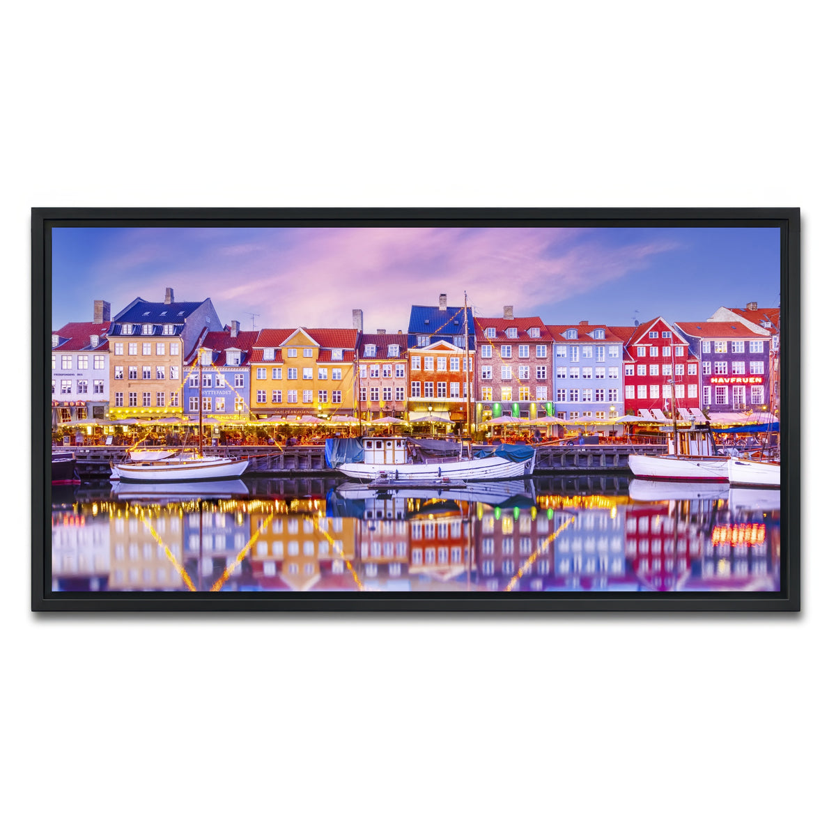 AUTO-MOCKUP WHITE | COPENHAGEN Nyhavn Idyllic Evening Impression | 1 Piece | Black Framed Canvas | group=2x1