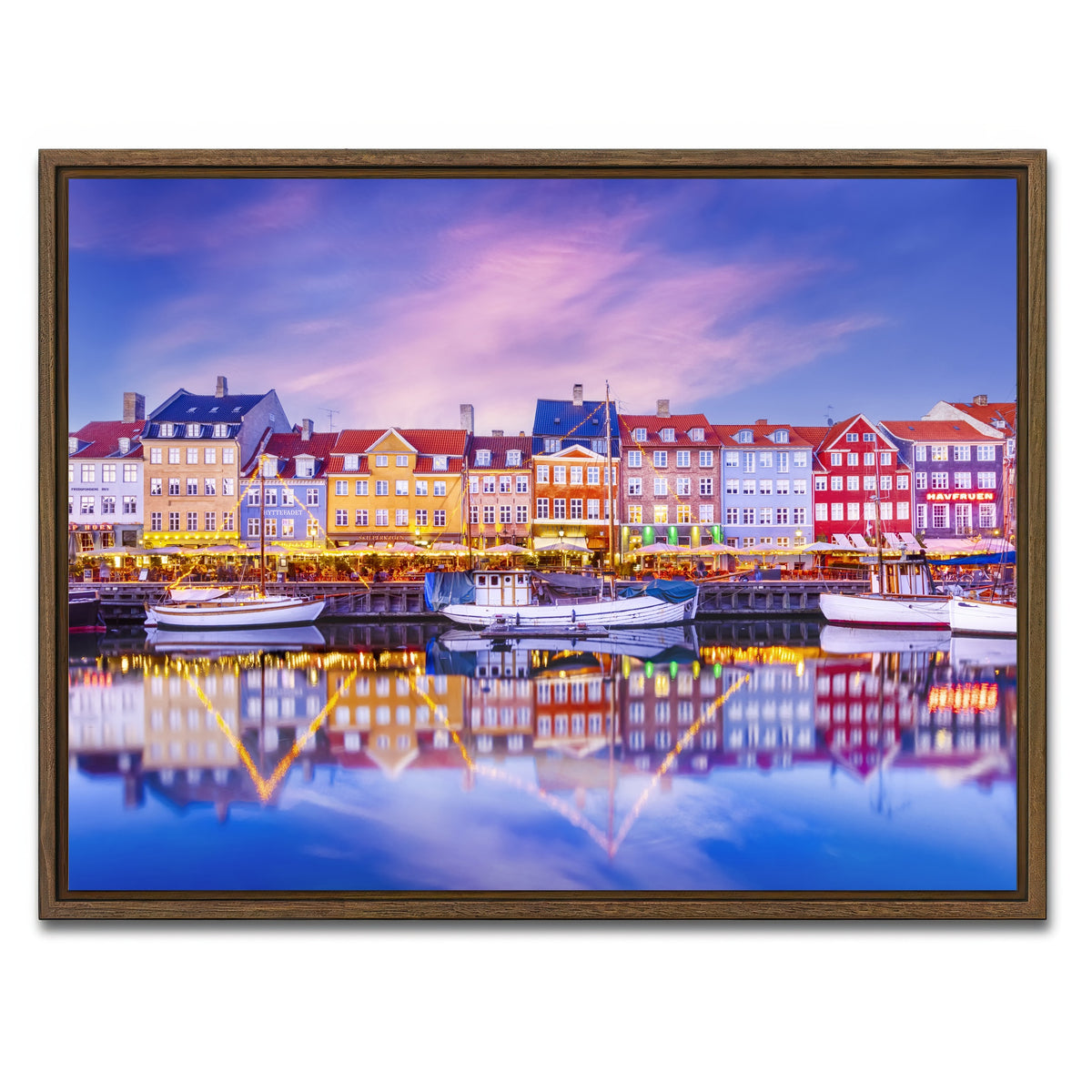 AUTO-MOCKUP WHITE | COPENHAGEN Nyhavn Idyllic Evening Impression | 1 Piece | Walnut Framed Canvas | group=4x3