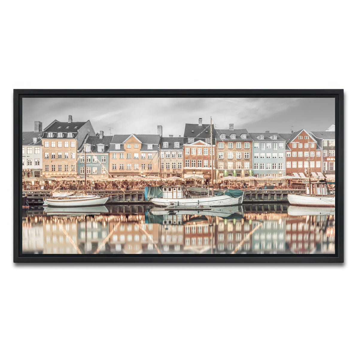 AUTO-MOCKUP WHITE | COPENHAGEN VINTAGE Nyhavn Idyllic Evening Impression | 1 Piece | Black Framed Canvas | group=2x1