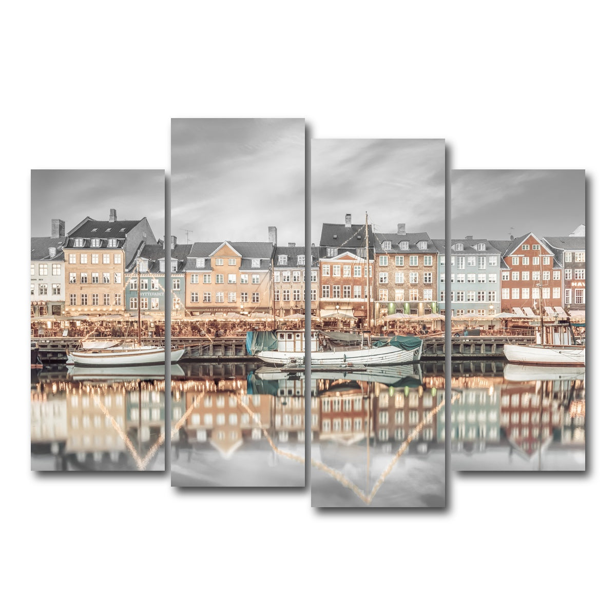AUTO-MOCKUP WHITE | COPENHAGEN VINTAGE Nyhavn Idyllic Evening Impression | 4 Piece | Gallery Wrap Canvas | group=4_normal