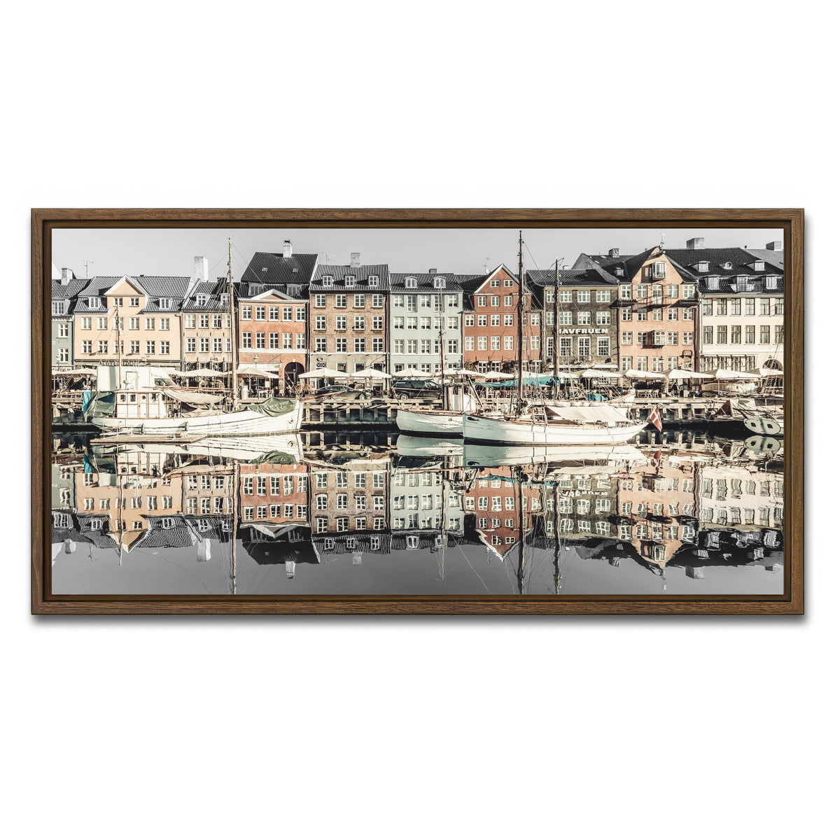 AUTO-MOCKUP WHITE | COPENHAGEN VINTAGE Nyhavn in the morning | 1 Piece | Walnut Framed Canvas | group=2x1