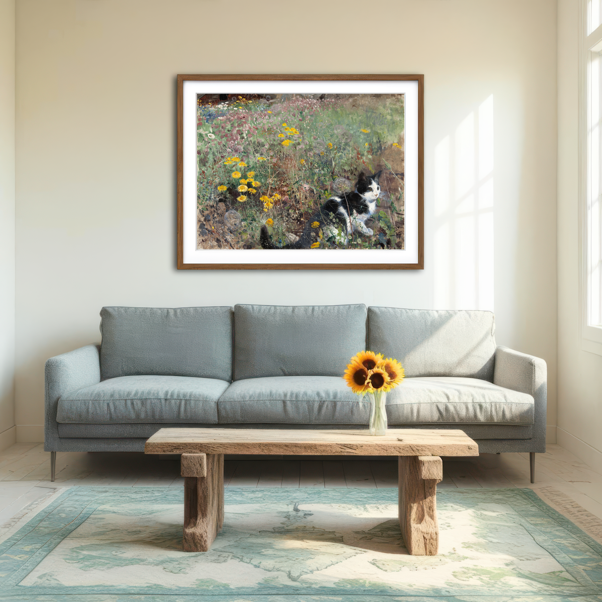 AUTO-MOCKUP ROOM | Cat on a Flowery Meadow Wall Art