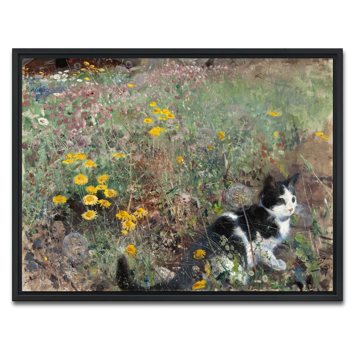 AUTO-MOCKUP WHITE | Cat on a flowery Meadow | 1 Piece | Black Framed Canvas | group=4x3