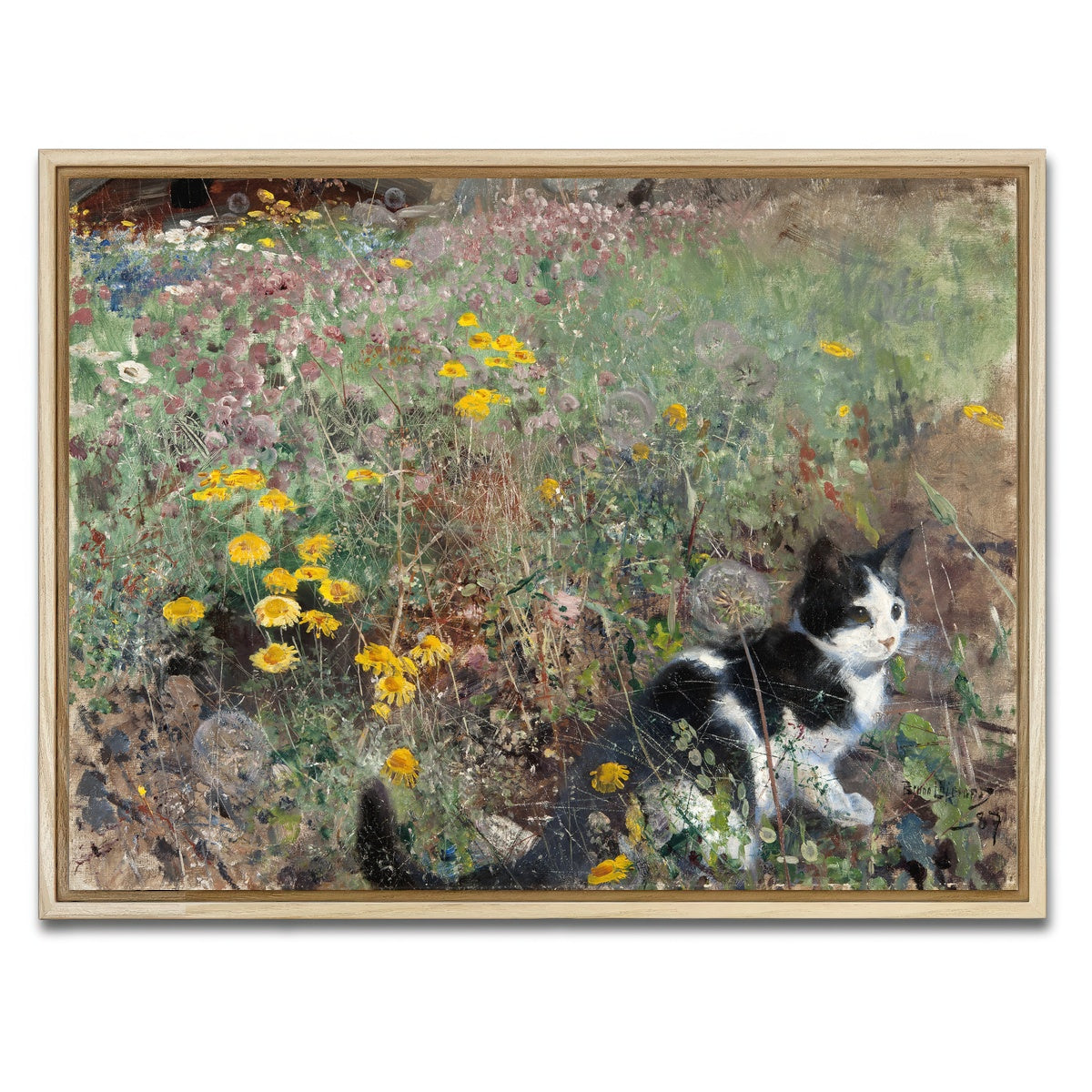 AUTO-MOCKUP WHITE | Cat on a flowery Meadow | 1 Piece | Natural Framed Canvas | group=4x3