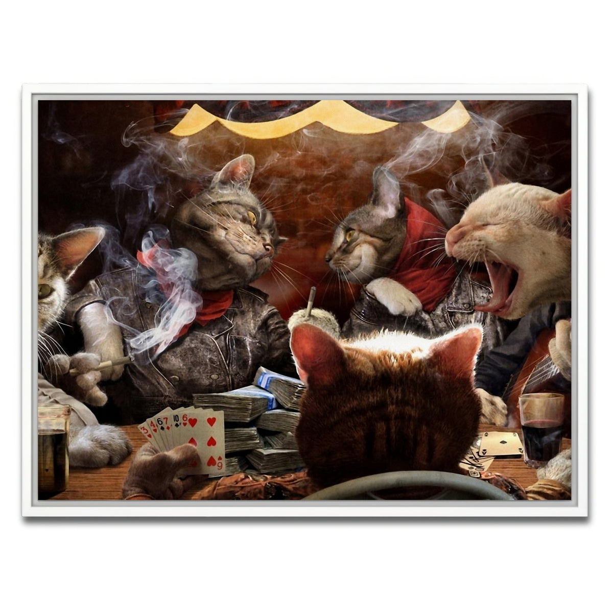 AUTO-MOCKUP WHITE | Cats Playing Poker | 1 Piece | White Framed Canvas | group=4x3
