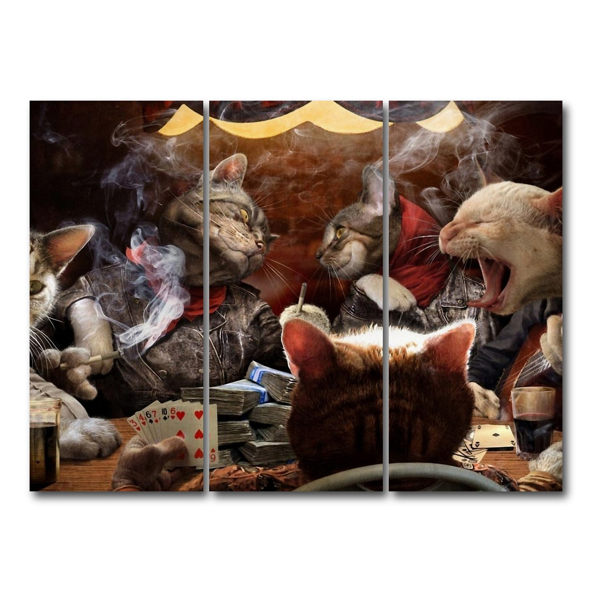 AUTO-MOCKUP WHITE | Cats Playing Poker | 3 Piece | Gallery Wrap Canvas | group=8x18