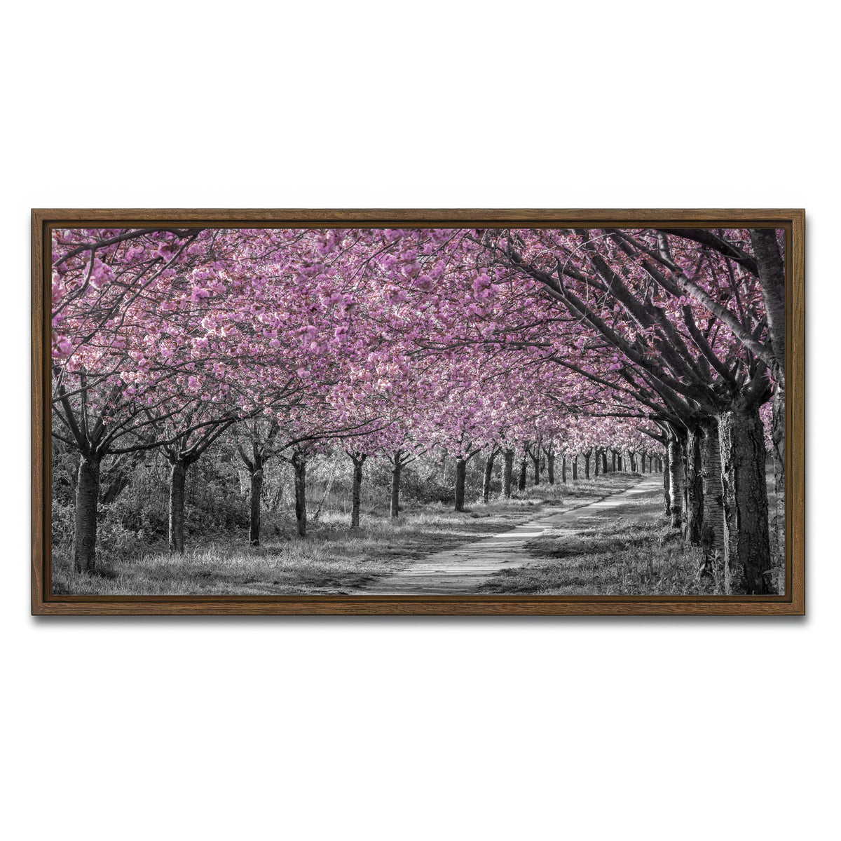 AUTO-MOCKUP WHITE | Charming cherry blossom alley in pink | 1 Piece | Walnut Framed Canvas | group=2x1