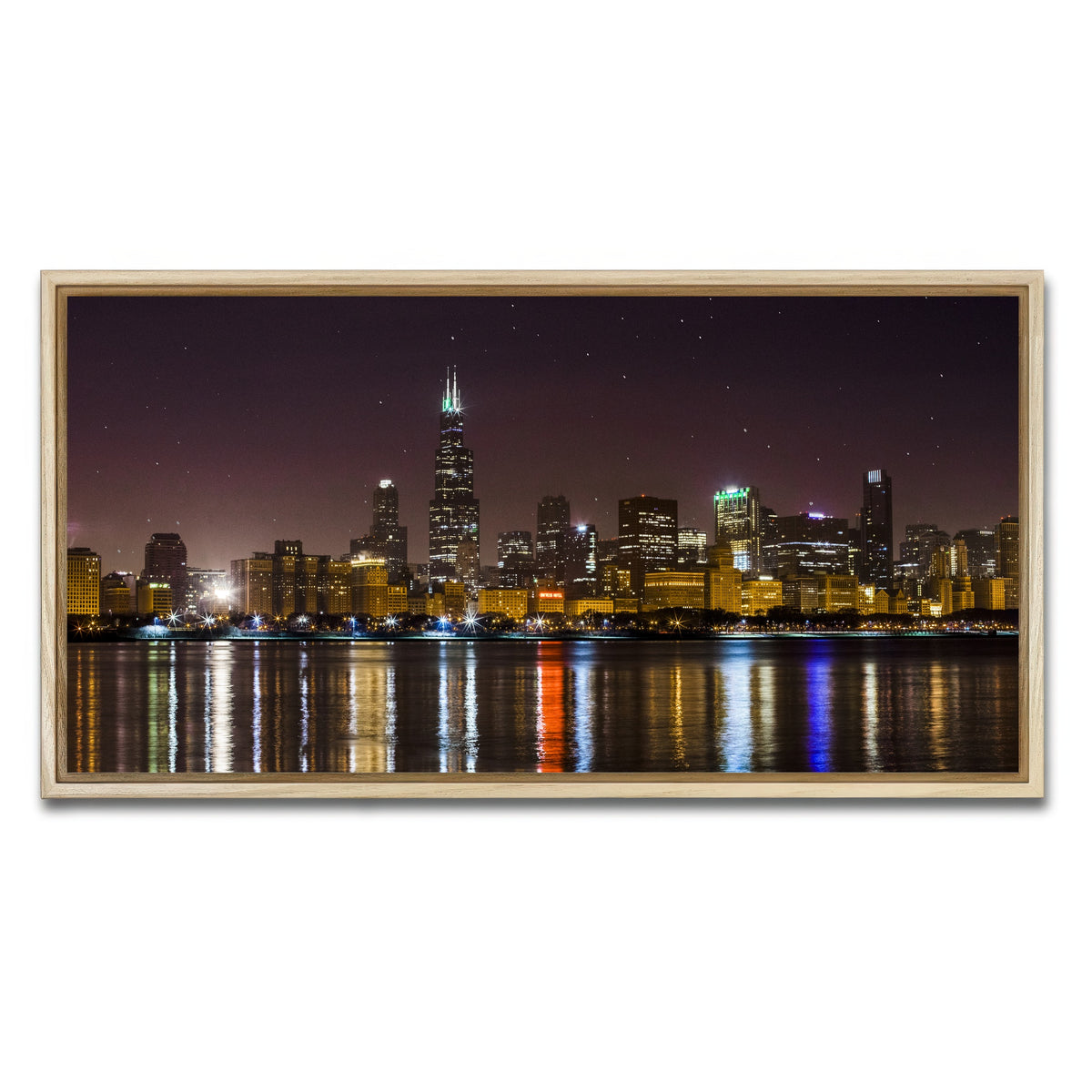AUTO-MOCKUP WHITE | Chicago Skyline at Night | 1 Piece | Natural Framed Canvas | group=2x1
