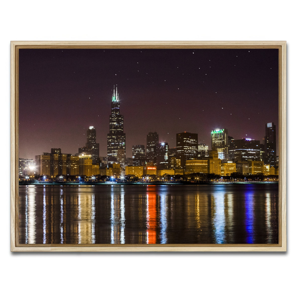 AUTO-MOCKUP WHITE | Chicago Skyline at Night | 1 Piece | Natural Framed Canvas | group=4x3