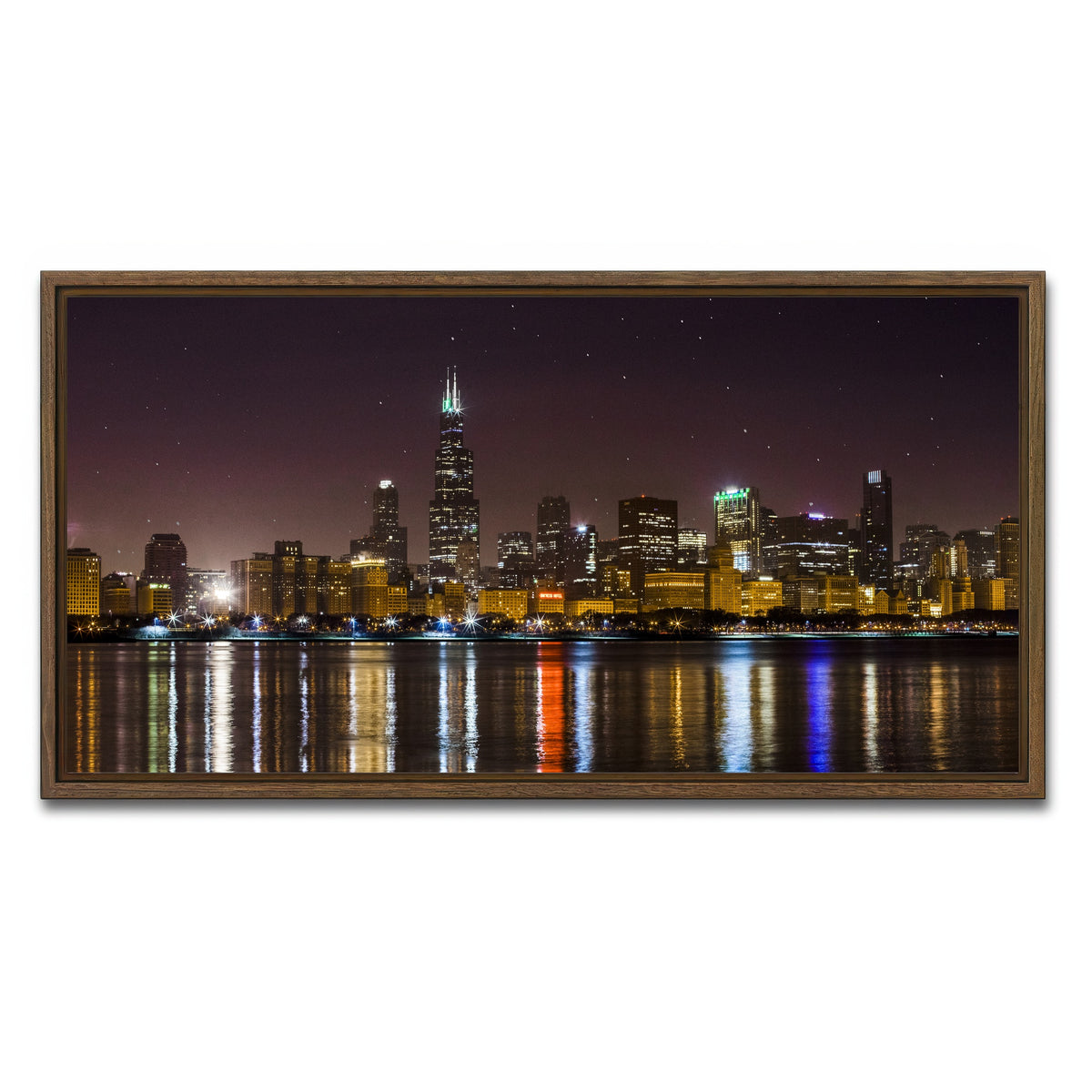 AUTO-MOCKUP WHITE | Chicago Skyline at Night | 1 Piece | Walnut Framed Canvas | group=2x1