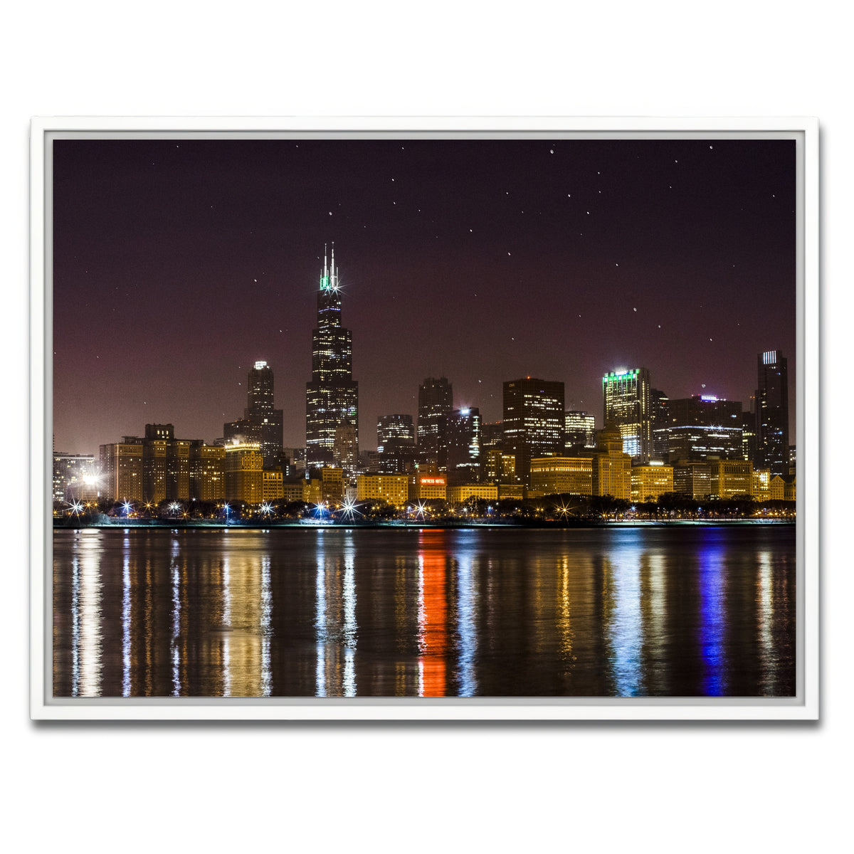 AUTO-MOCKUP WHITE | Chicago Skyline at Night | 1 Piece | White Framed Canvas | group=4x3