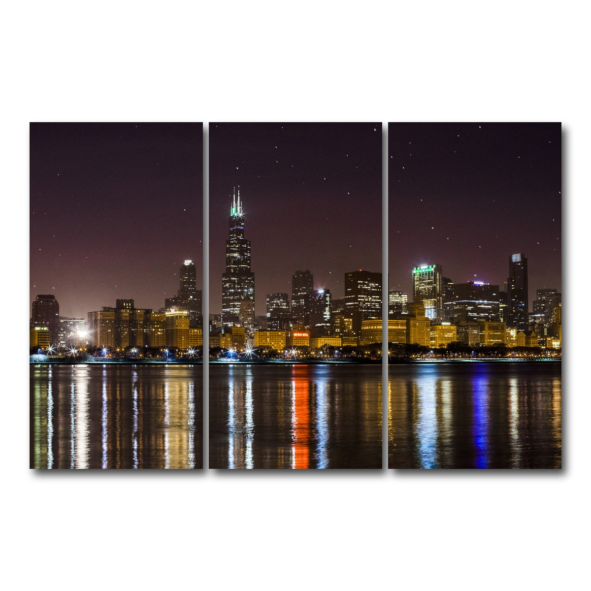 AUTO-MOCKUP WHITE | Chicago Skyline at Night | 3 Piece | Gallery Wrap Canvas | group=12x24